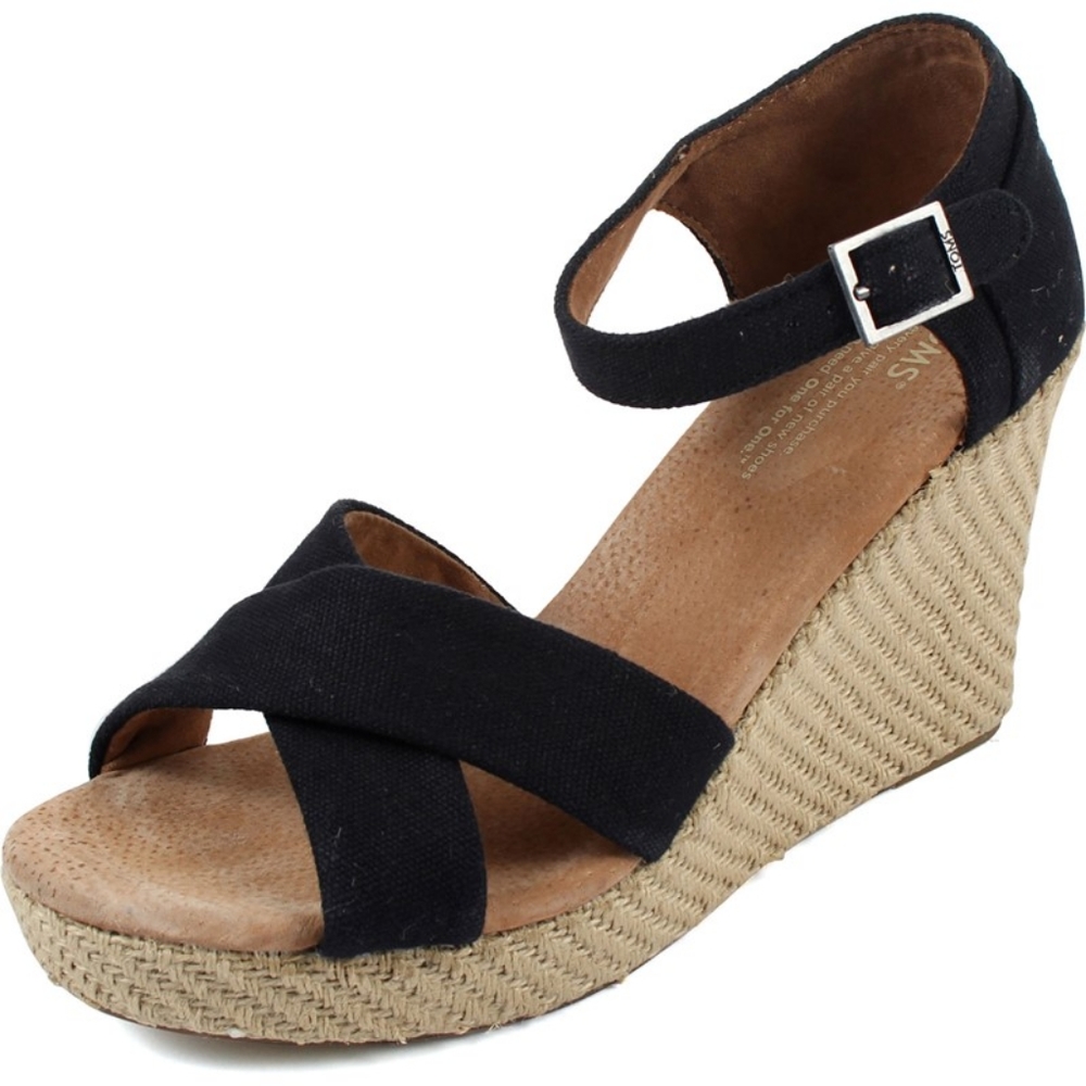 TOMS - Black Canvas Strappy Wedge Sandals Size 8.5
